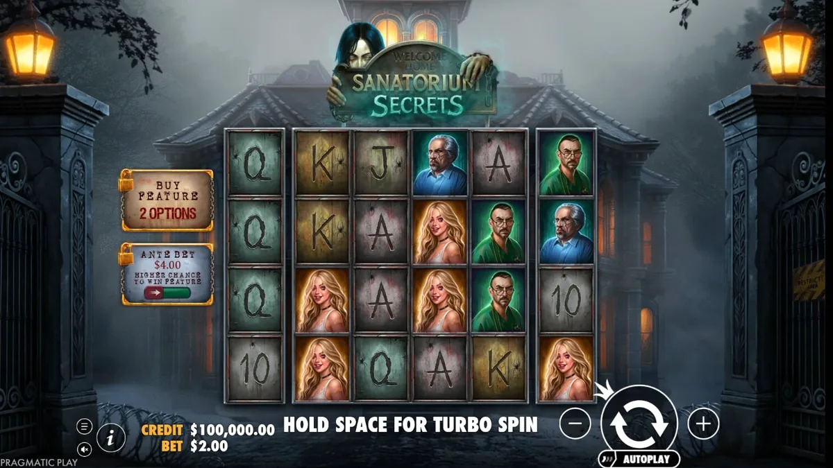 Cenário sombrio e misterioso do slot Sanatorium Secrets com temática de asilo
